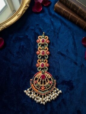 PakistaTikka Traditional Gold-Tone Maang Tikka with Red, Green and White Accents